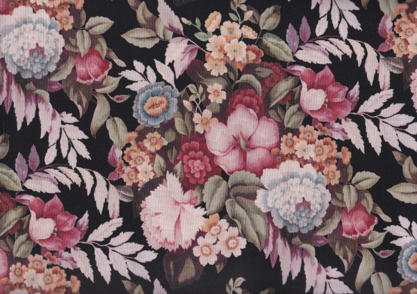 Stoff in Schwarz mit Blumen, Vintage