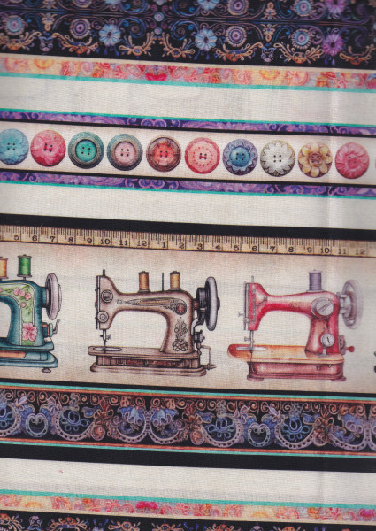 Bordürenstoff mit alten Nähmaschinen und Knöpfen, Vintage Art