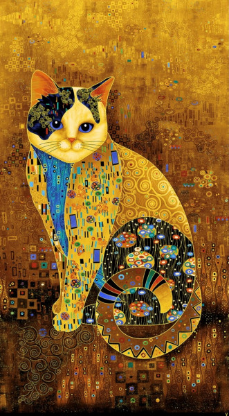 Stoff mit Katze in Klimt-Art design, mit Golddruck