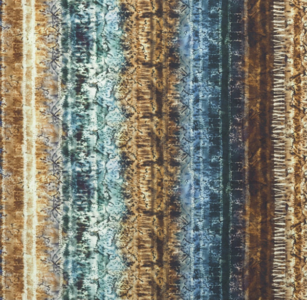 Baumwollstoff in Erdfarben mit Streifen von Braun bis Jeansblau, Digitaldruck.