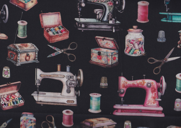 Stoff mit Nähutensilien Motiven, Stoff Vintage art