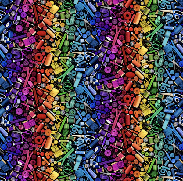 Stoff mit Nähutensilien Motiven: bunte Scheren, Garnrollen, Knöpfe