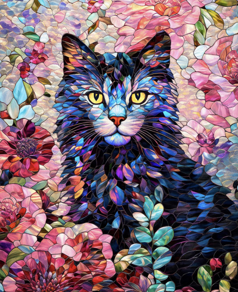 Katzen-Panel Gigi in the garden, Katzenmotive, Stoff in Glasfensteroptik