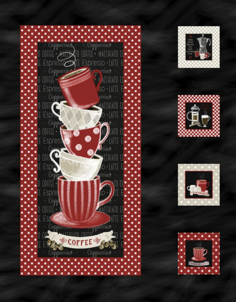 Panel mit Kaffeetassen, Kaffeemotiven. Baumwollstoff.