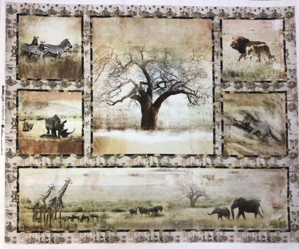 Stoffpanel mit Afrikanischen Tieren und Baobab Baum